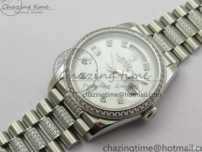 MiroTime 0128 Day-Date 36mm 128239 SS Crystal BP Best Edition White MOP Crystal Marker Dial on SS President Bracelet A MoistureWicking 2682